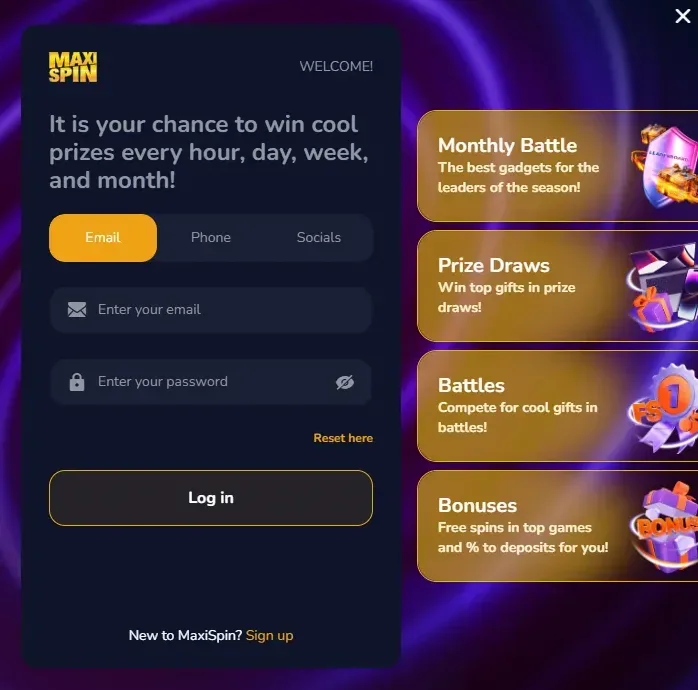 Inlogscherm van MaxiSpin Casino