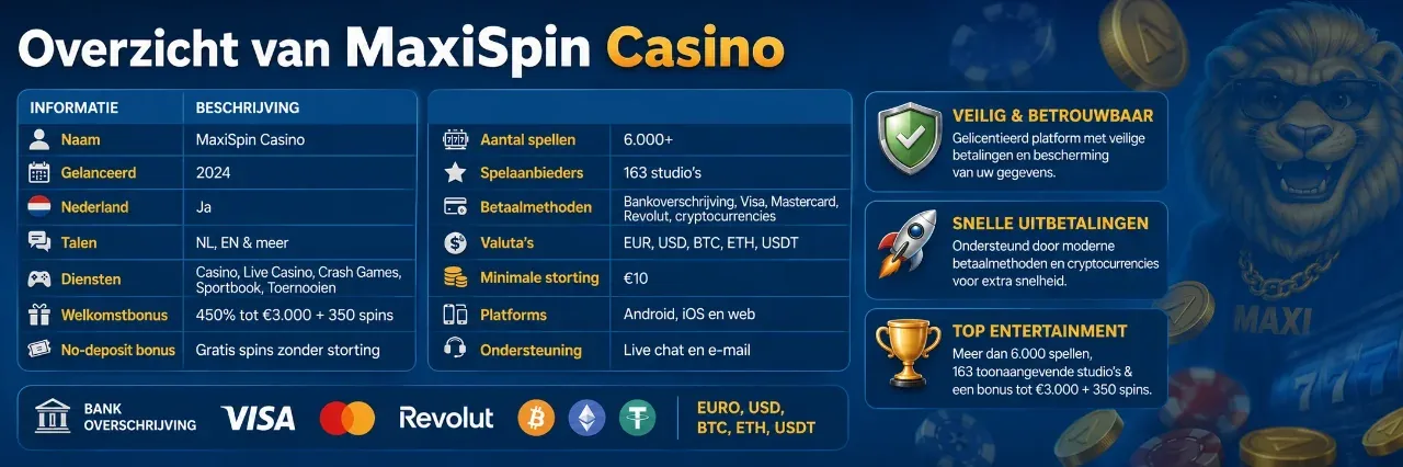 Overzichtstabel met MaxiSpin casino kenmerken en details